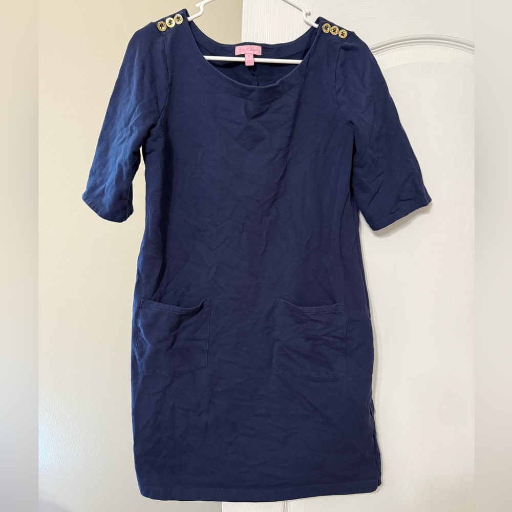 Lilly Pulitzer navy dress w/pockets and gold button detail
